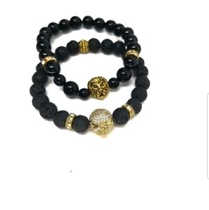 Handmade Lion&Skull Head Black Lava UnisexBracelet